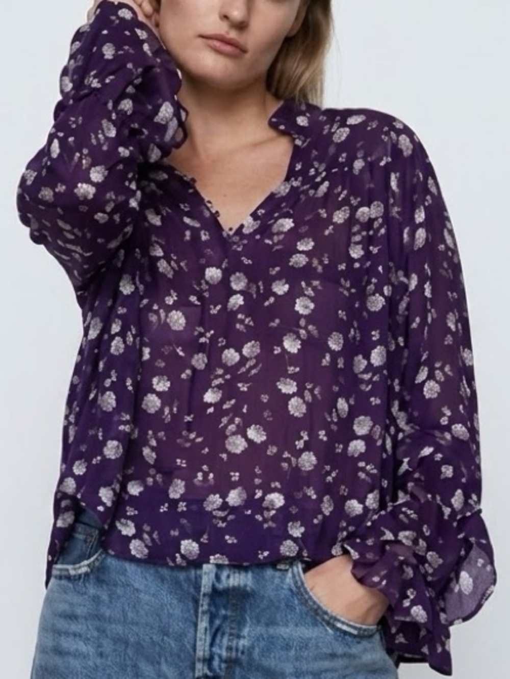 Zara| Feminine Purple & White Lightweight Semi-Sheer Floral V-Neck Blouse Sz XS